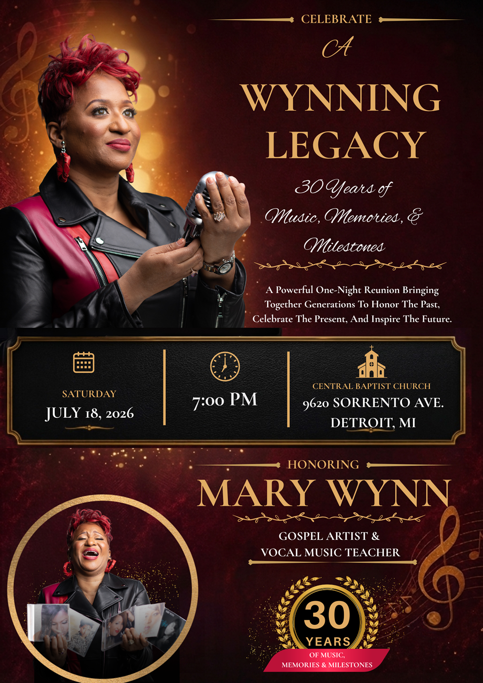 Wynn-ing Legacy: 30 Years of Music, Memories and Milestones. Saturday, July 18, 2026 at 6 PM at Central Baptist Church, Detroit, Michigan.